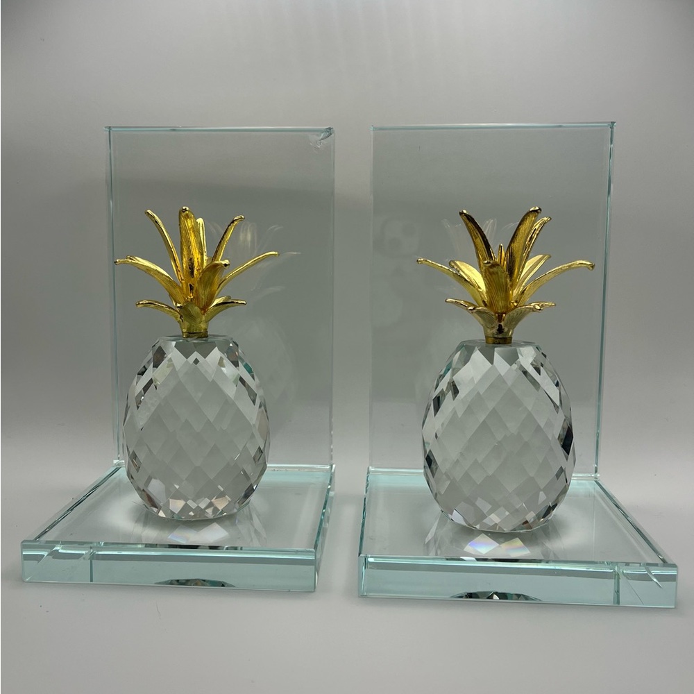 Thick Glass Made Crystal Pineapple 2 Pair Set Bookends Gold & Clear‎ Luxe Decor